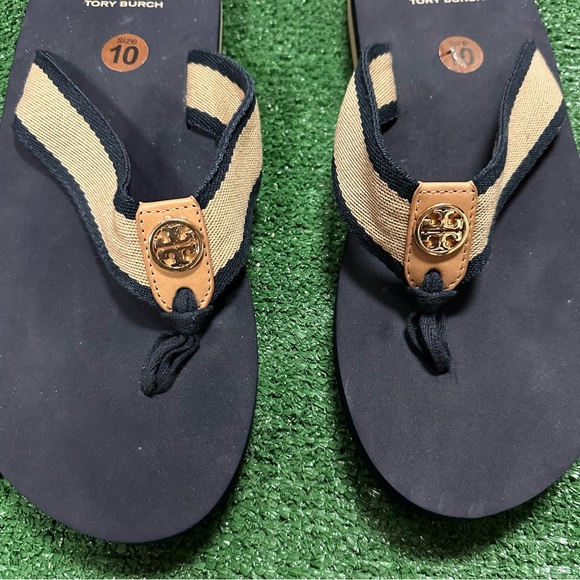 New Tory Burch Size 10 Frankie Slide Flip Flop Sandal Black White Canvas Thong - Picture 2 of 4